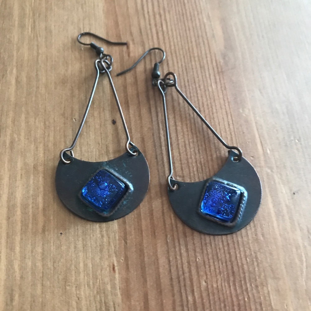 🍯 Boho Metal Drop Earrings with Blue Charm